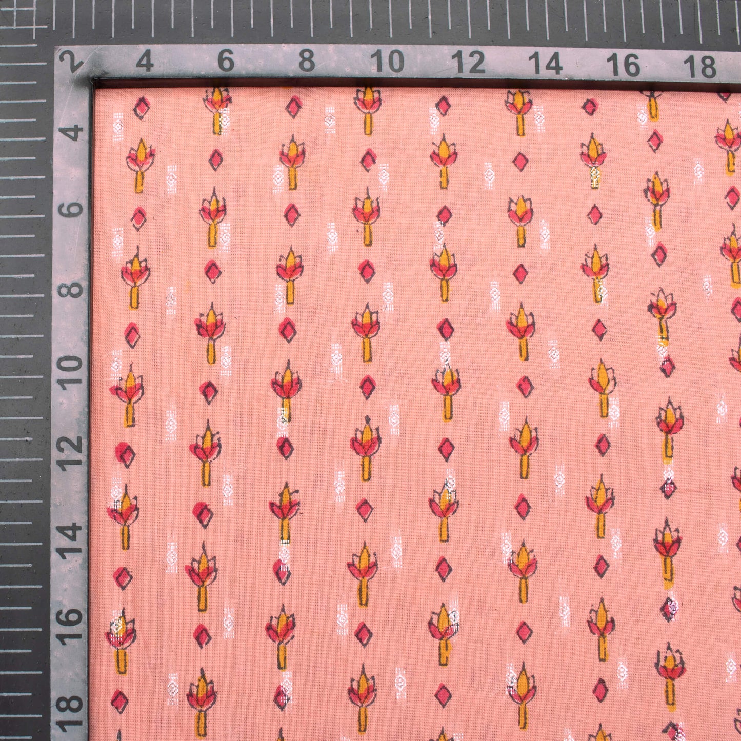 Coral Peach And Red Stripes Pattern Handblock Cotton Lurex Fabric