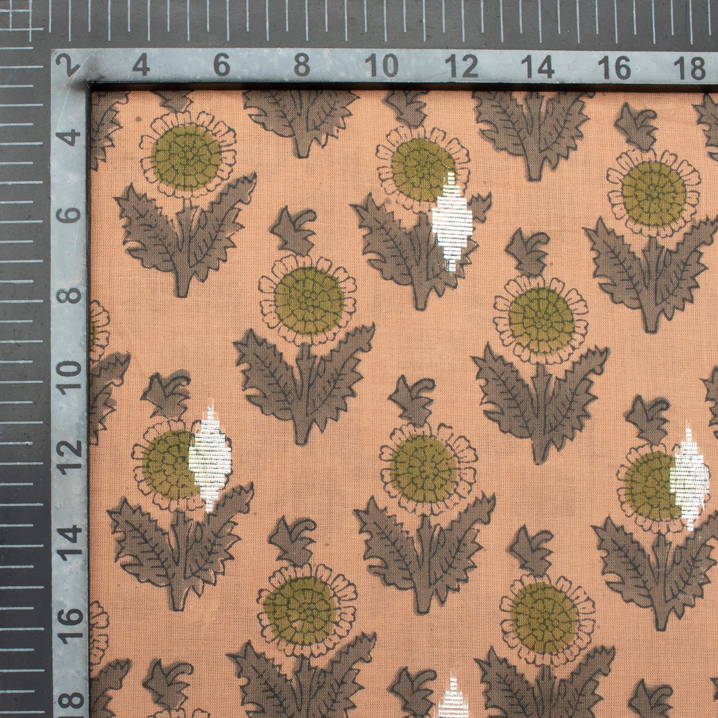 Light Peach And Grey Floral Pattern Handblock Cotton Lurex Fabric