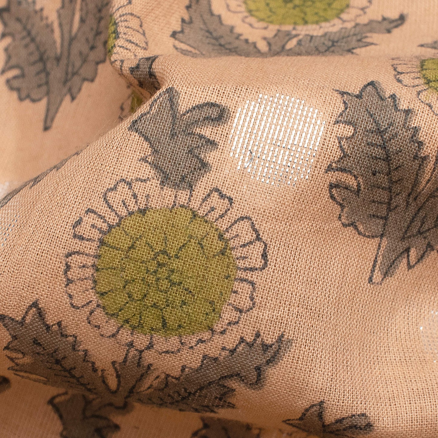 Light Peach And Grey Floral Pattern Handblock Cotton Lurex Fabric