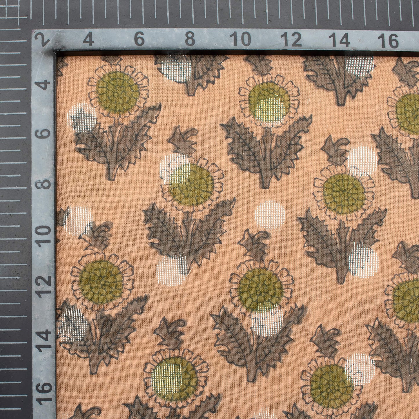 Light Peach And Grey Floral Pattern Handblock Cotton Lurex Fabric