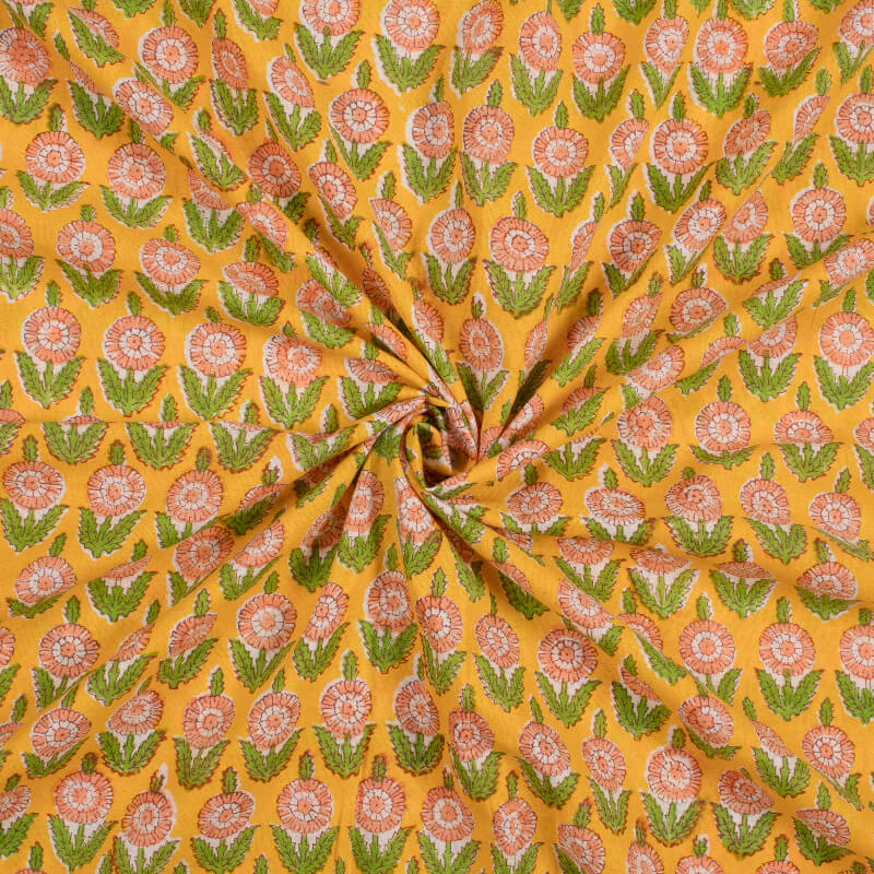 Yellow And Peach Floral Pattern Handblock Cotton Fabric