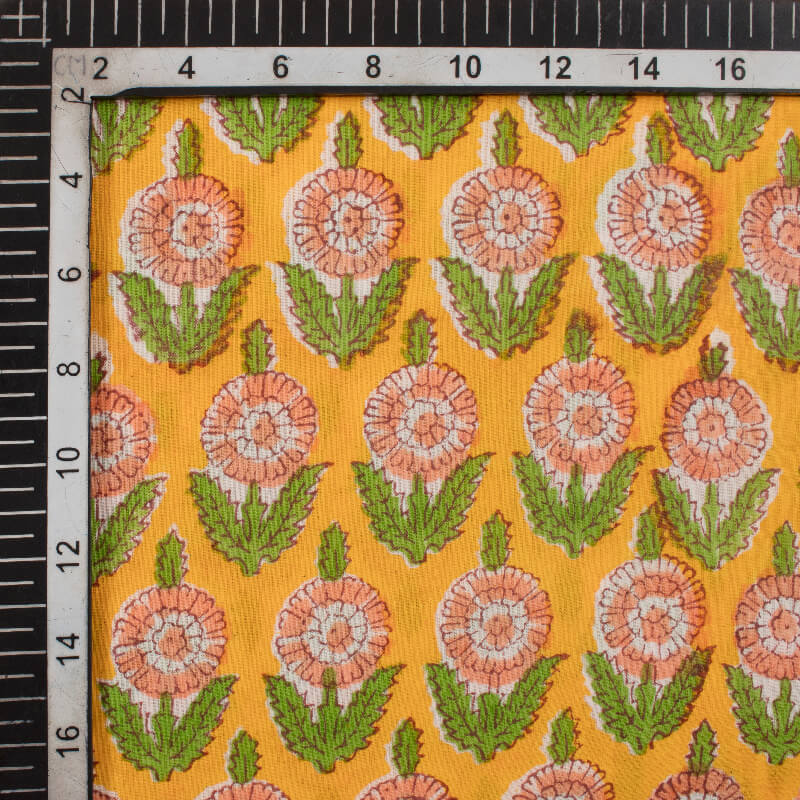 Yellow And Peach Floral Pattern Handblock Cotton Fabric