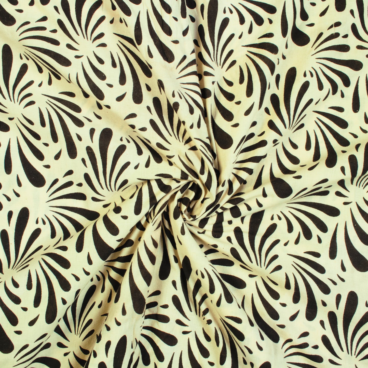 Cream And Black Floral Pattern Dabu Handblock Cotton Fabric - Fabcurate