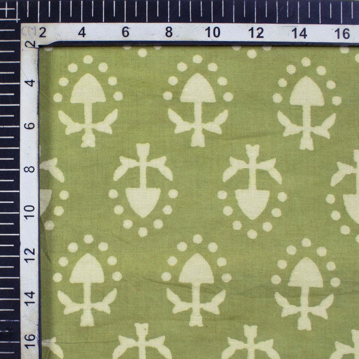 Moss Green And Cream Geometric Pattern Handblock Cotton Fabric - Fabcurate