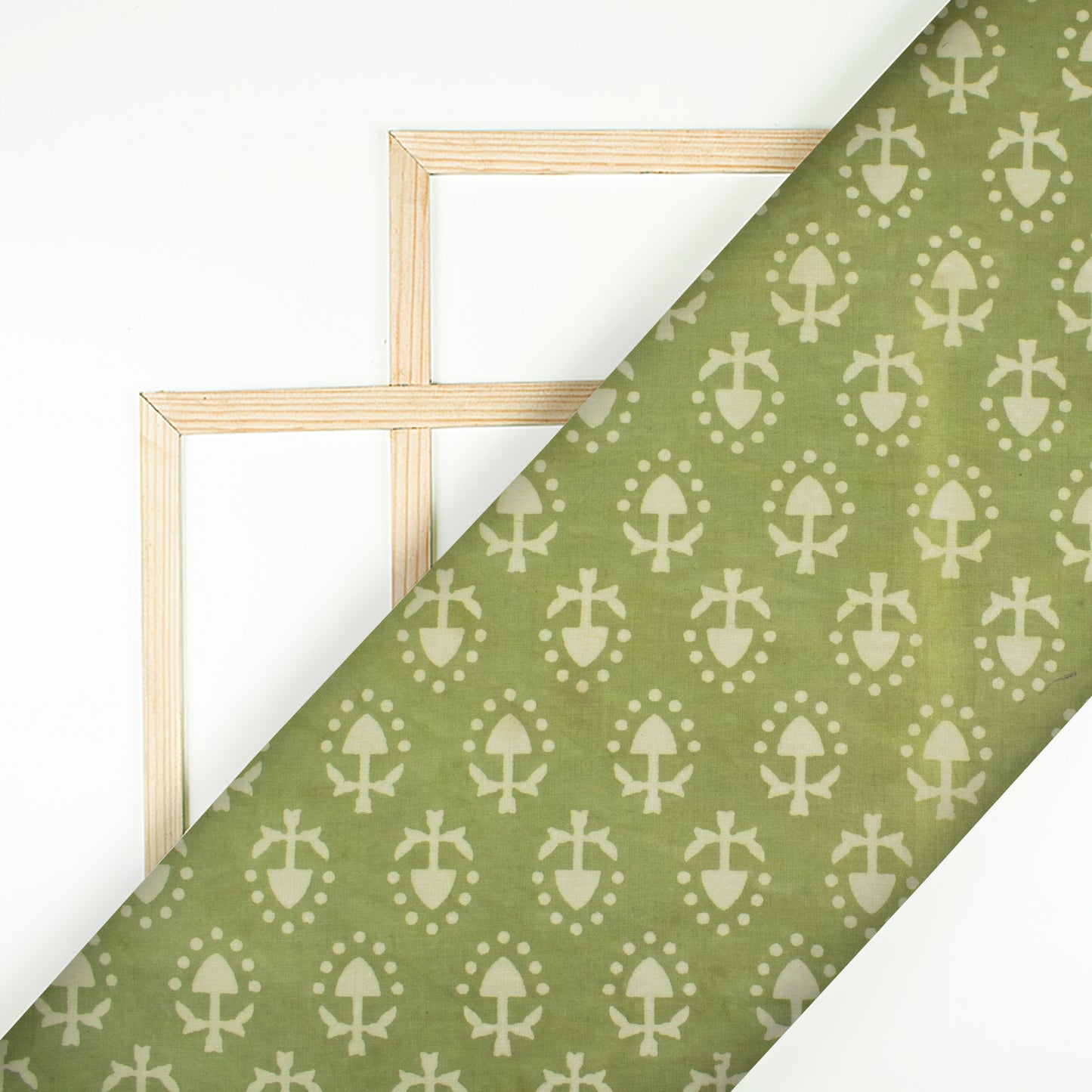Moss Green And Cream Geometric Pattern Handblock Cotton Fabric - Fabcurate