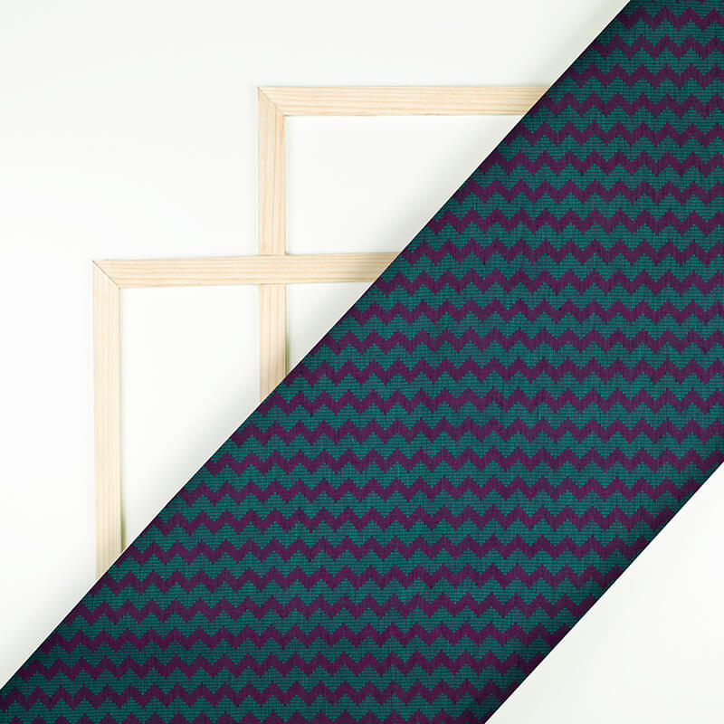 Eggplant Purple And Teal Green Chevron Pattern Woven Handloom Cotton Fabric - Fabcurate