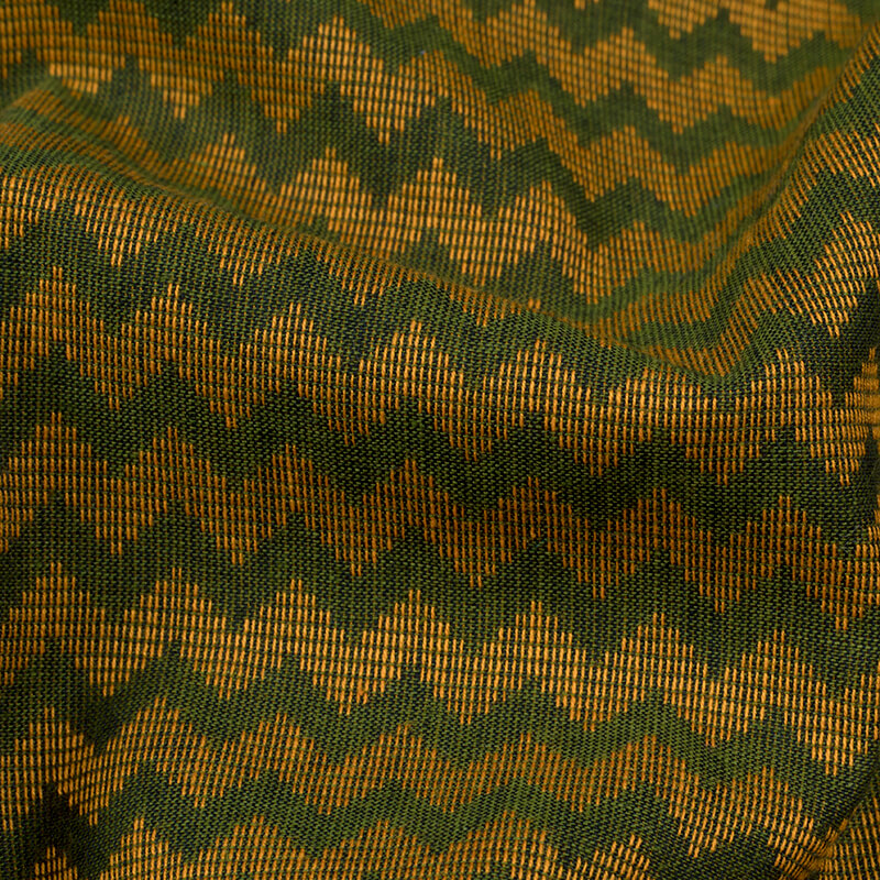 Moss Green And Gold Yellow Chevron Pattern Woven Handloom Cotton Fabric - Fabcurate