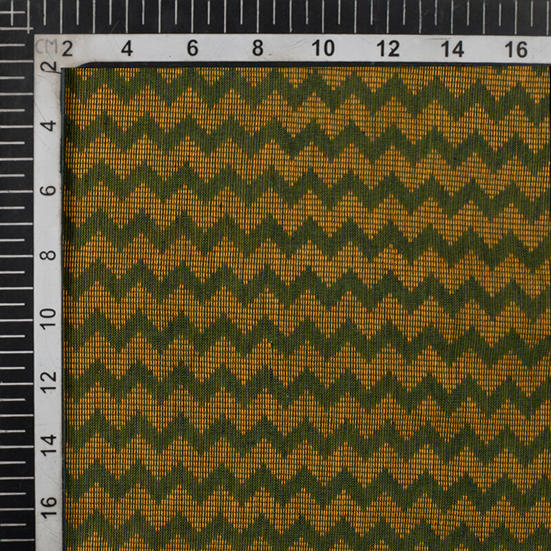 Moss Green And Gold Yellow Chevron Pattern Woven Handloom Cotton Fabric - Fabcurate