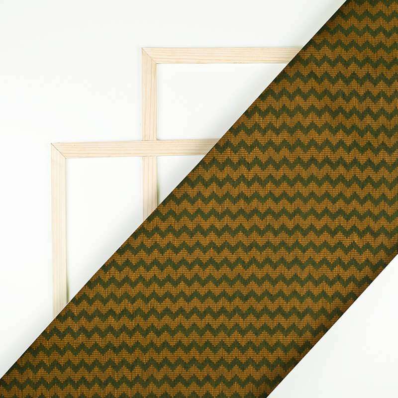Moss Green And Gold Yellow Chevron Pattern Woven Handloom Cotton Fabric - Fabcurate