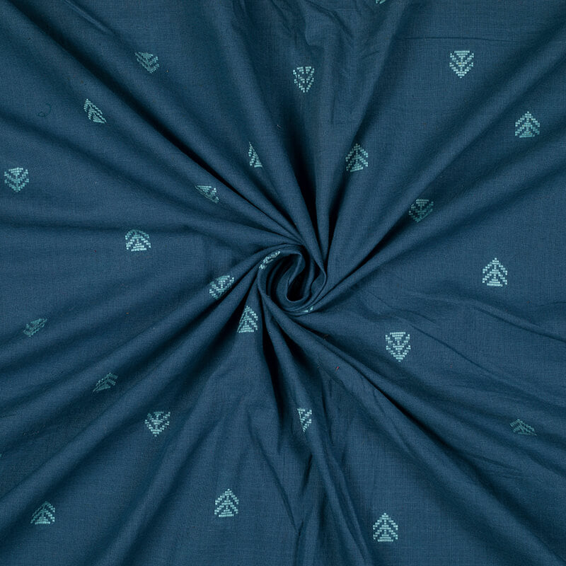 Yale Blue And Sky Blue Geometric Pattern Dobby Handloom Cotton Fabric - Fabcurate