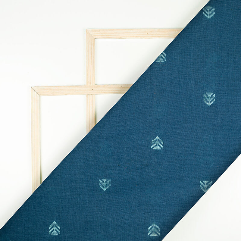Yale Blue And Sky Blue Geometric Pattern Dobby Handloom Cotton Fabric - Fabcurate