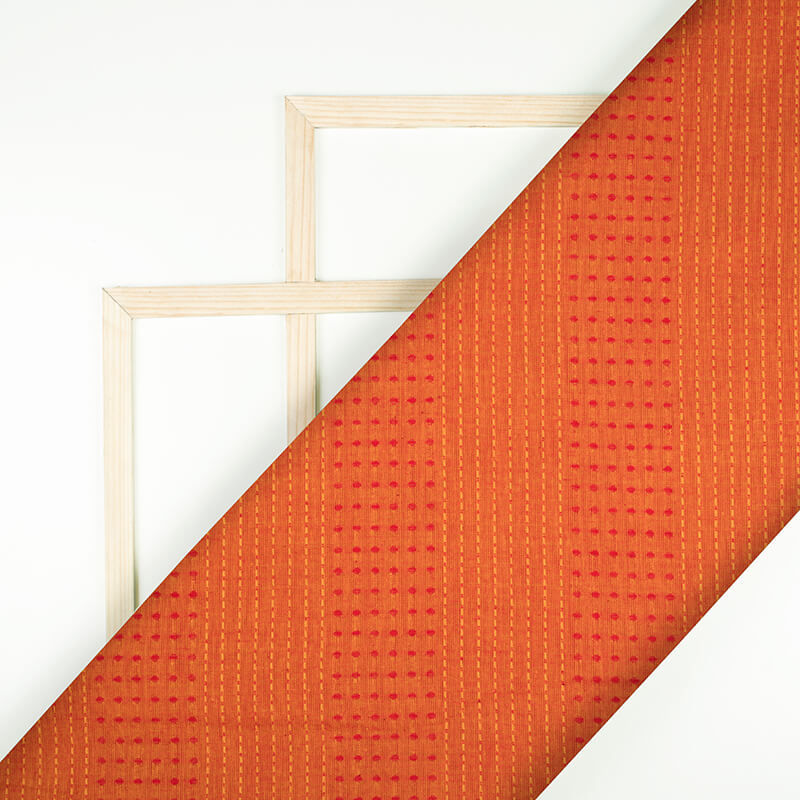 Orange And Maroon Kantha Pattern Dobby Handloom Cotton Fabric - Fabcurate