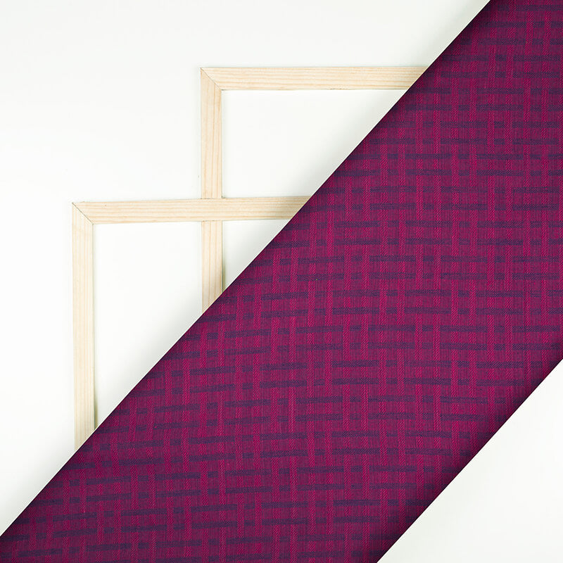 Grape Purple And Navy Blue Checks Pattern Woven Pre-Washed Handloom Cotton Fabric - Fabcurate