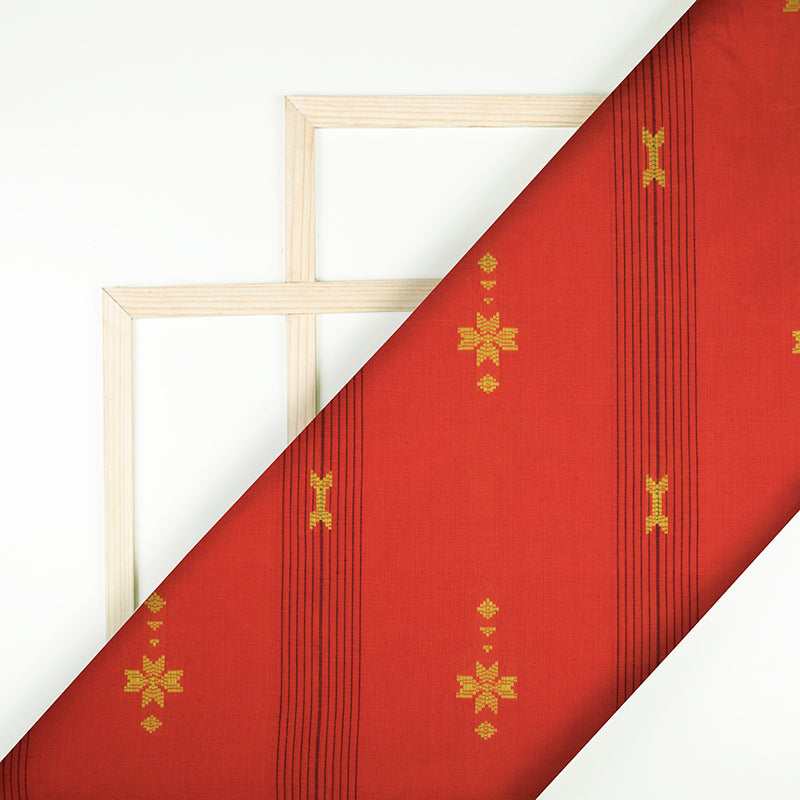 Red And Yellow Dobby Handloom Cotton Fabric - Fabcurate