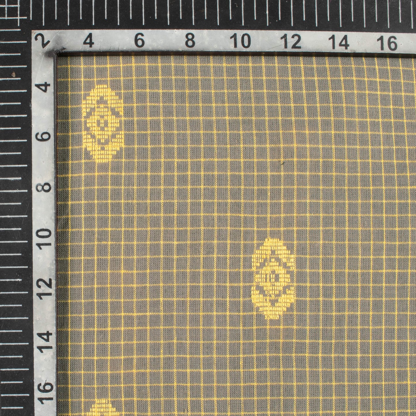 Fossil Grey And Mellow Yellow Checks Pattern Jamdani Handloom Cotton Fabric