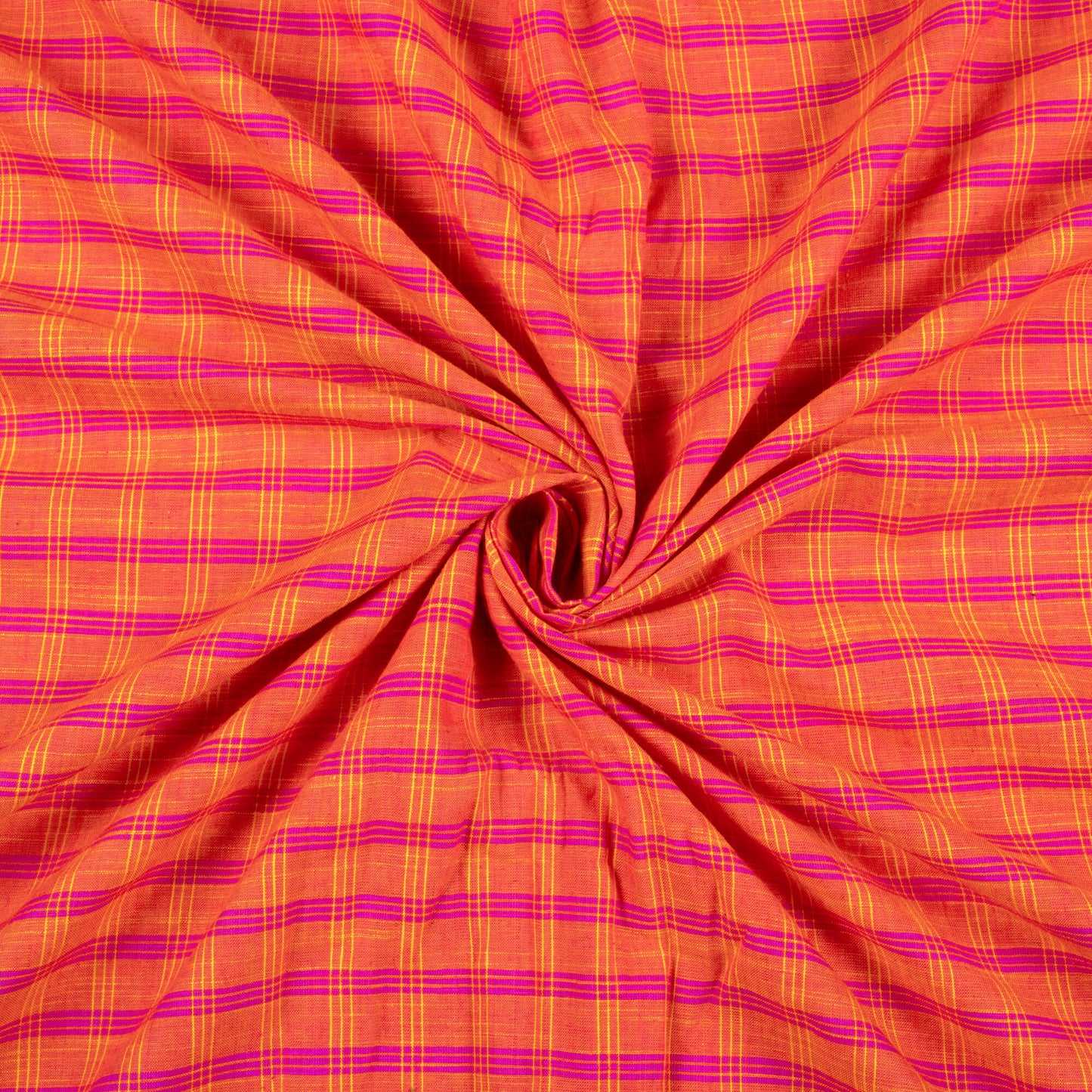 Deep Pink And Orange Checks Pattern Handloom Cotton Slub Fabric