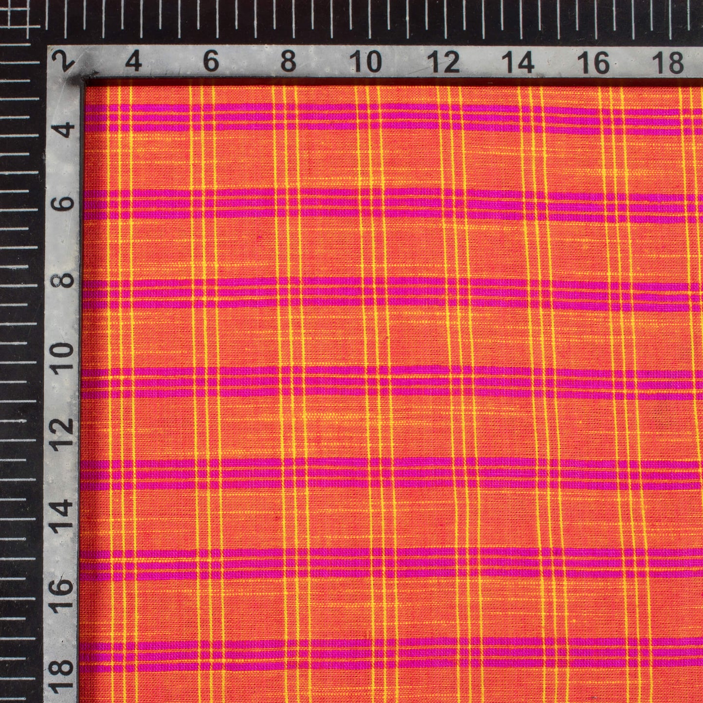 Deep Pink And Orange Checks Pattern Handloom Cotton Slub Fabric