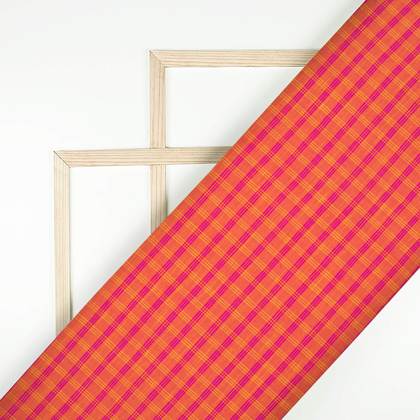 Deep Pink And Orange Checks Pattern Handloom Cotton Slub Fabric