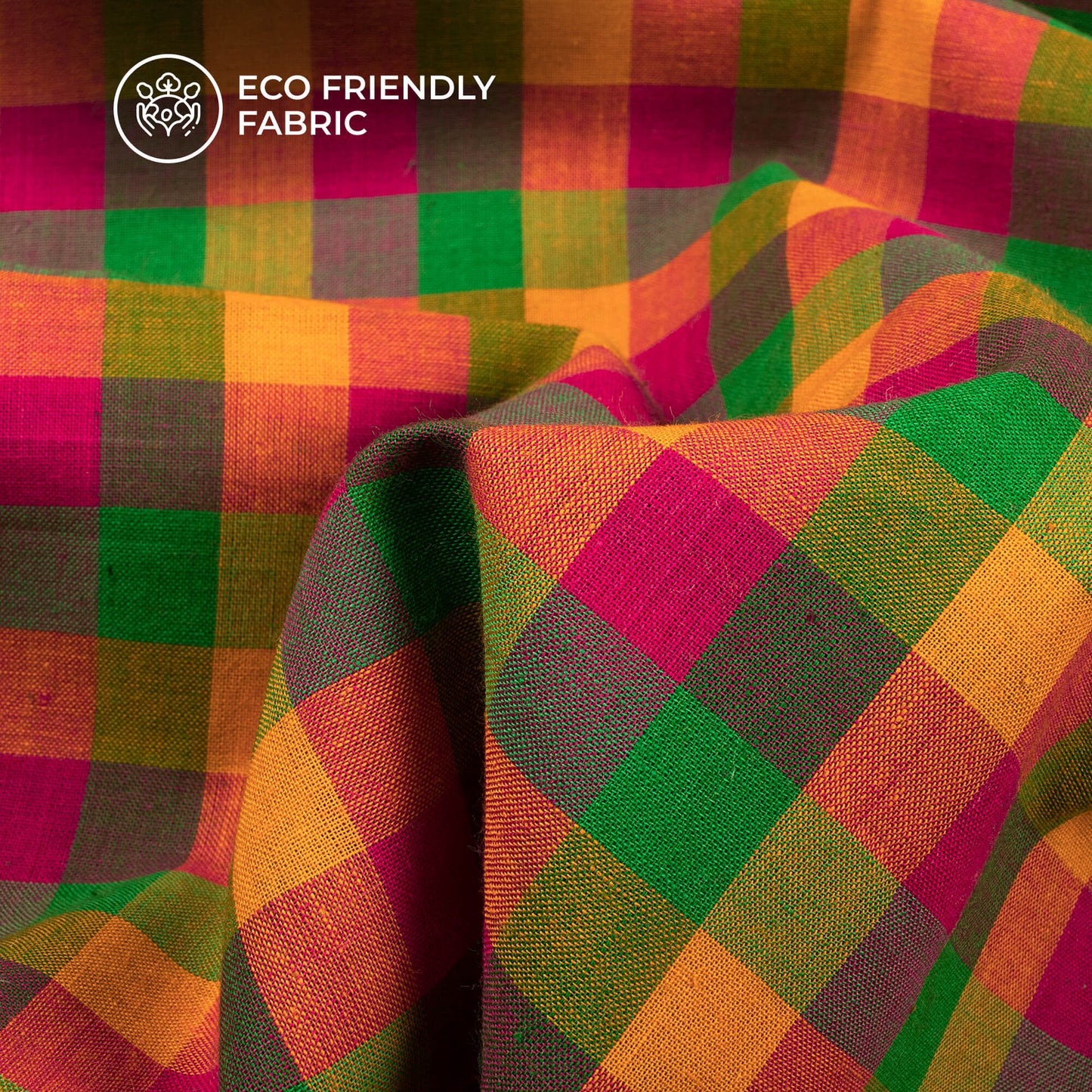 Trendy Yellow And Pink Checked Handloom Cotton Fabric