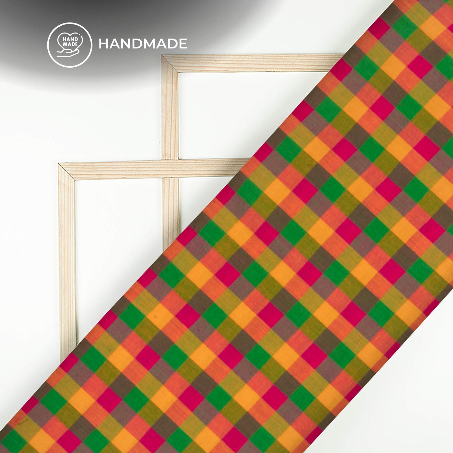Trendy Yellow And Pink Checked Handloom Cotton Fabric