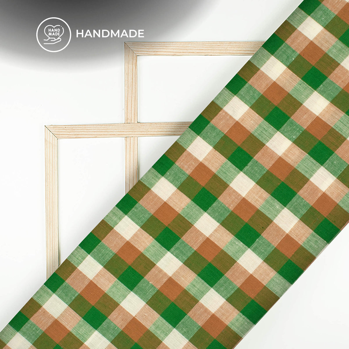 Trendy White And Green Checked Handloom Cotton Fabric