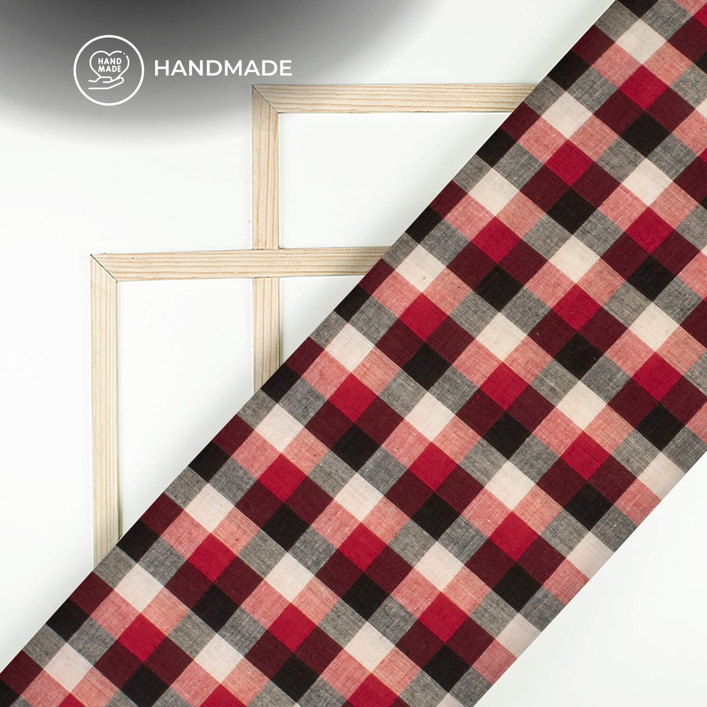 Trendy White And Red Checked Handloom Cotton Fabric