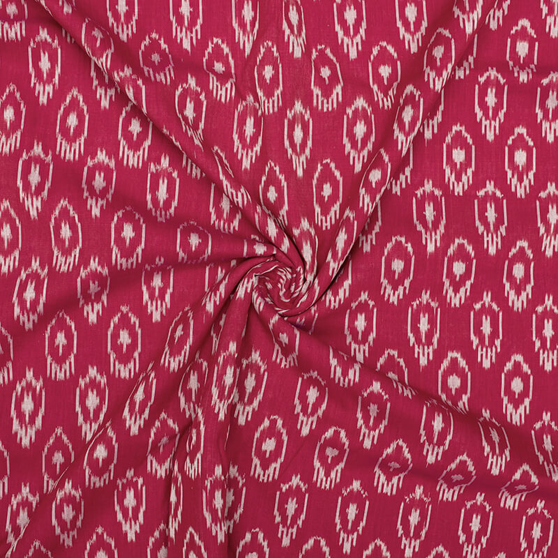 Maroon And White Abstract Pattern Pre-Washed Mercerised Ikat Cotton Fabric - Fabcurate