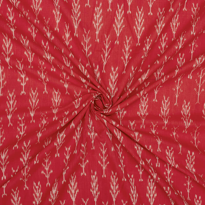 Dark Red And Snow White Abstract Pattern Pre-Washed Mercerised Ikat Cotton Fabric - Fabcurate