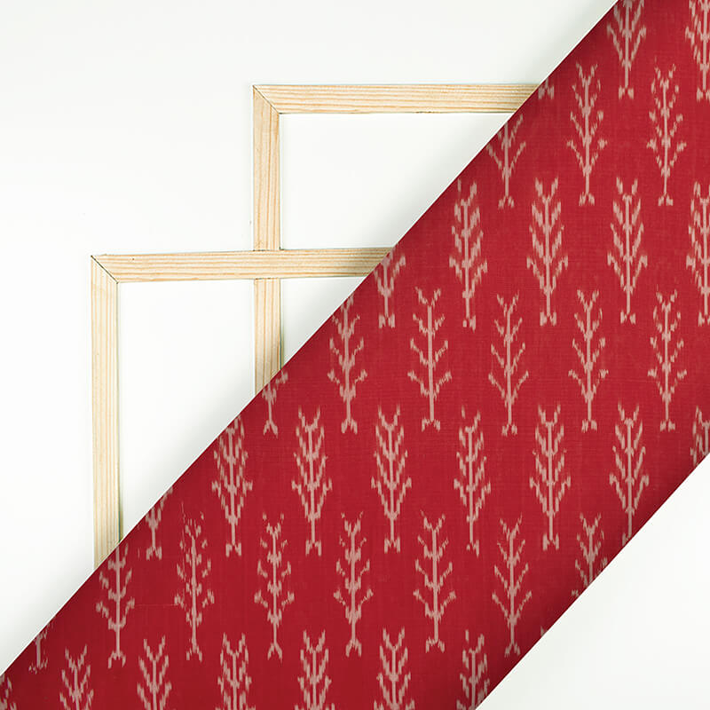 Dark Red And Snow White Abstract Pattern Pre-Washed Mercerised Ikat Cotton Fabric - Fabcurate