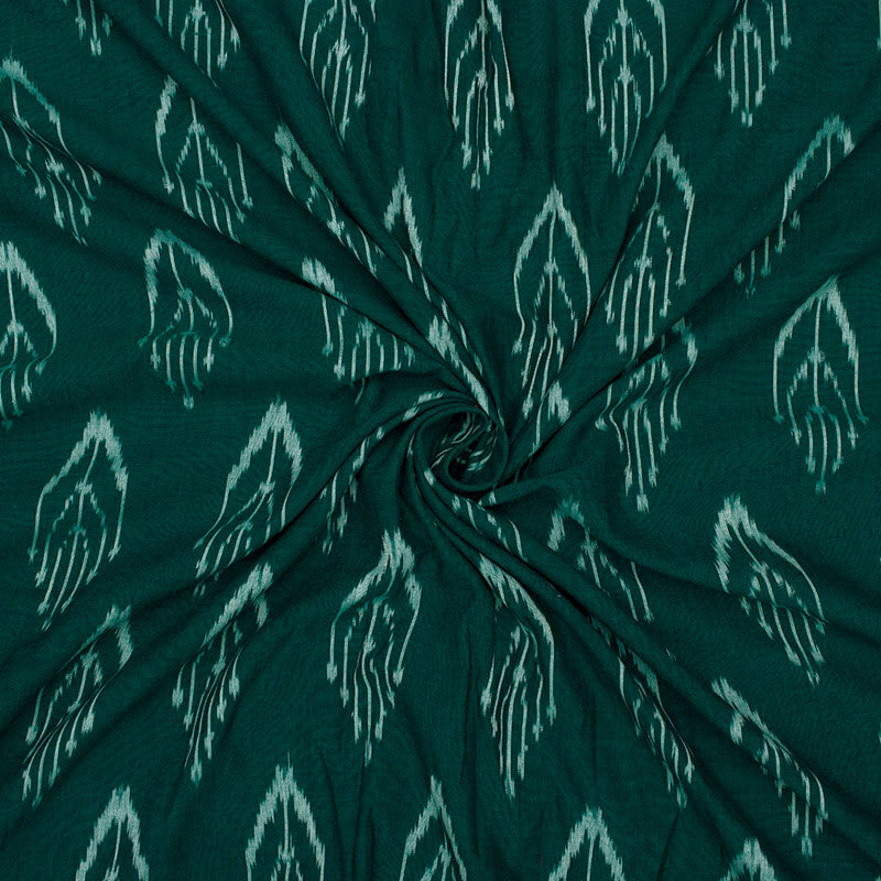 Green And Off White Abstract Pattern Pre-Washed Ikat Cotton Fabric - Fabcurate