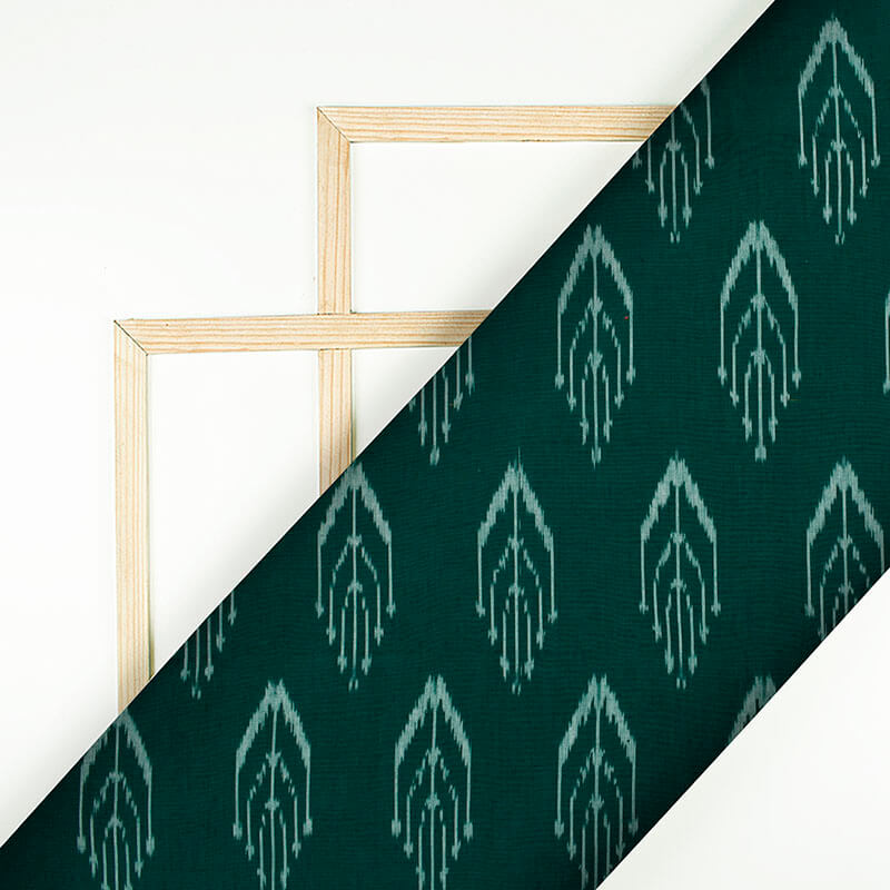 Green And Off White Abstract Pattern Pre-Washed Ikat Cotton Fabric - Fabcurate
