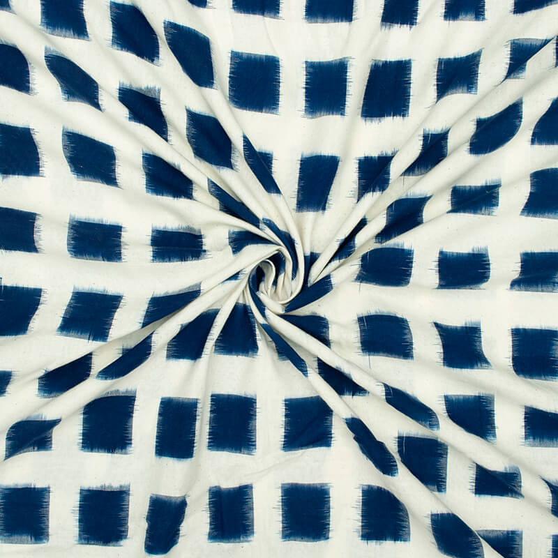 White And Navy Blue Geometric Pattern Pre-Washed Double Ikat Cotton Fabric - Fabcurate