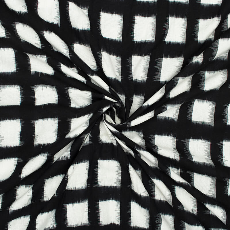 Black And White Geometric Pattern Pre-Washed Double Ikat Cotton Fabric - Fabcurate