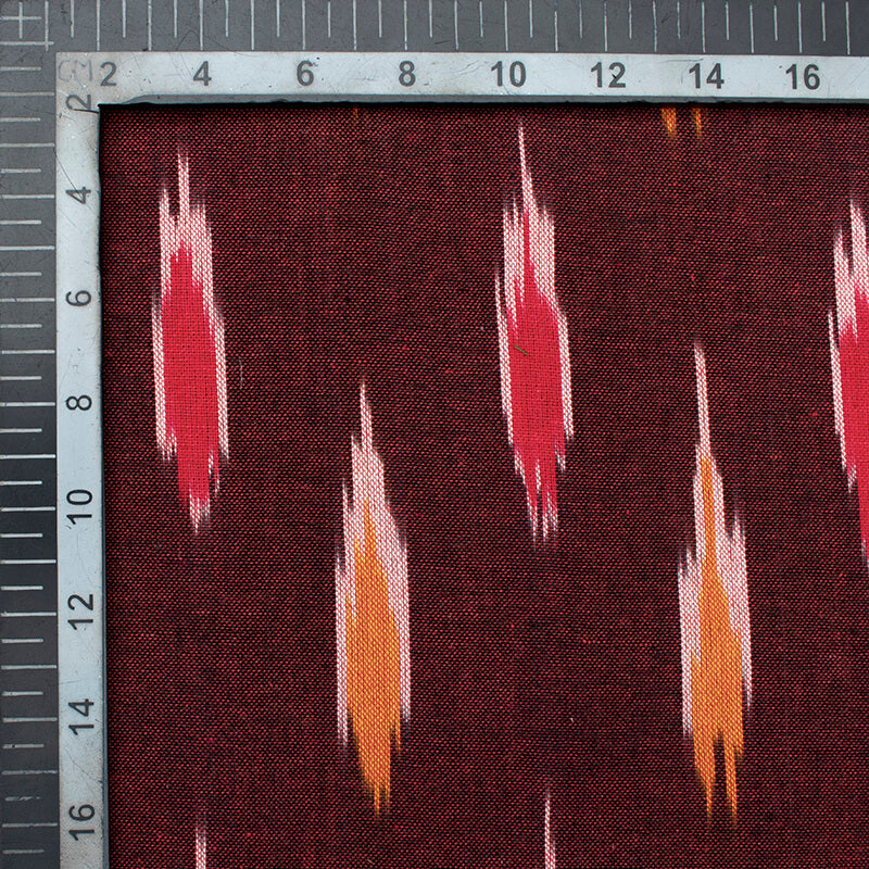 Maroon And Red Abstract Pattern Pre-Washed Ikat Cotton Fabric - Fabcurate