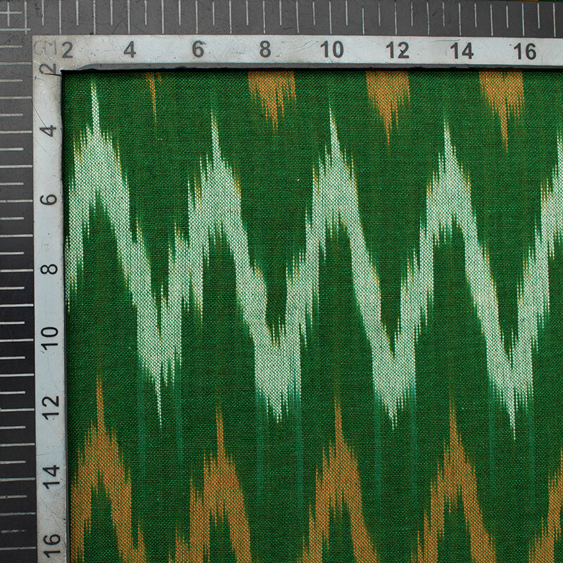 Green And Yellow Chevron Pattern Pre-Washed Ikat Cotton Fabric - Fabcurate