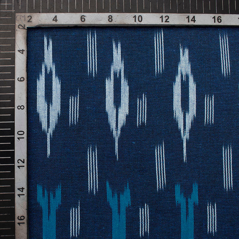 Navy Blue And Sky Blue Abstract Pattern Pre-Washed Ikat Cotton Fabric - Fabcurate