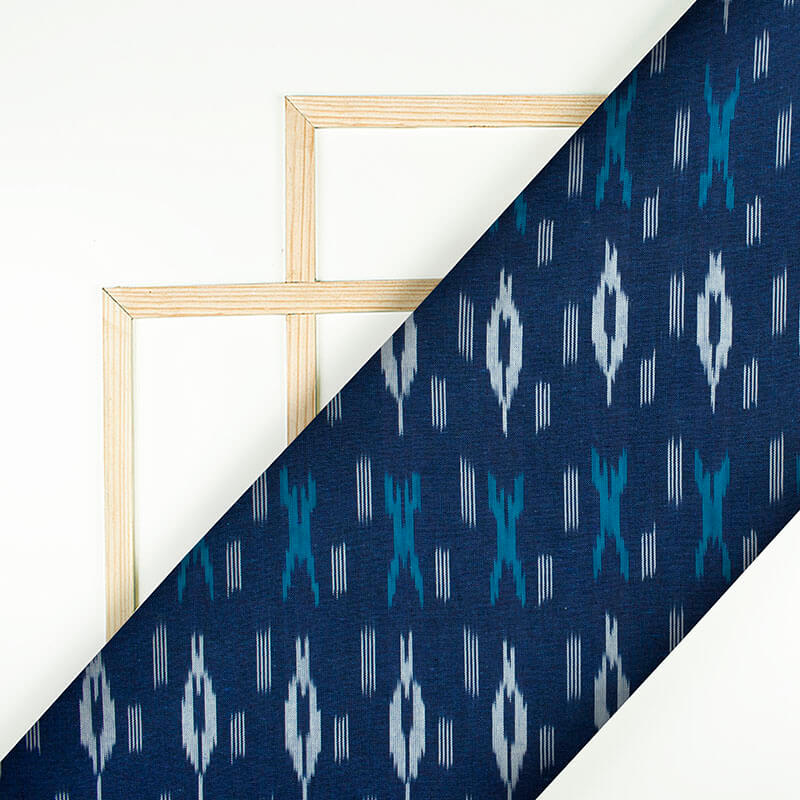 Navy Blue And Sky Blue Abstract Pattern Pre-Washed Ikat Cotton Fabric - Fabcurate