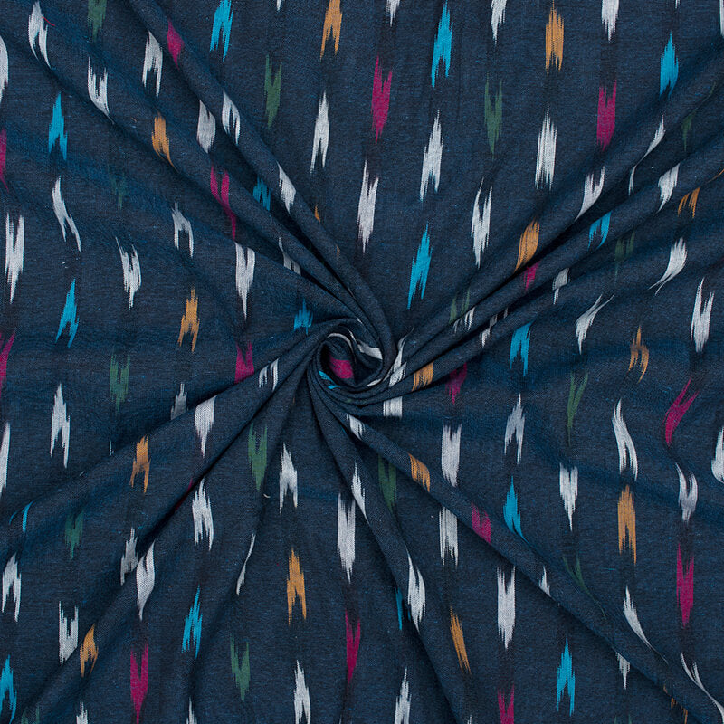 Aegean Blue And Olive Green Abstract Pattern Pre-Washed Ikat Cotton Fabric - Fabcurate