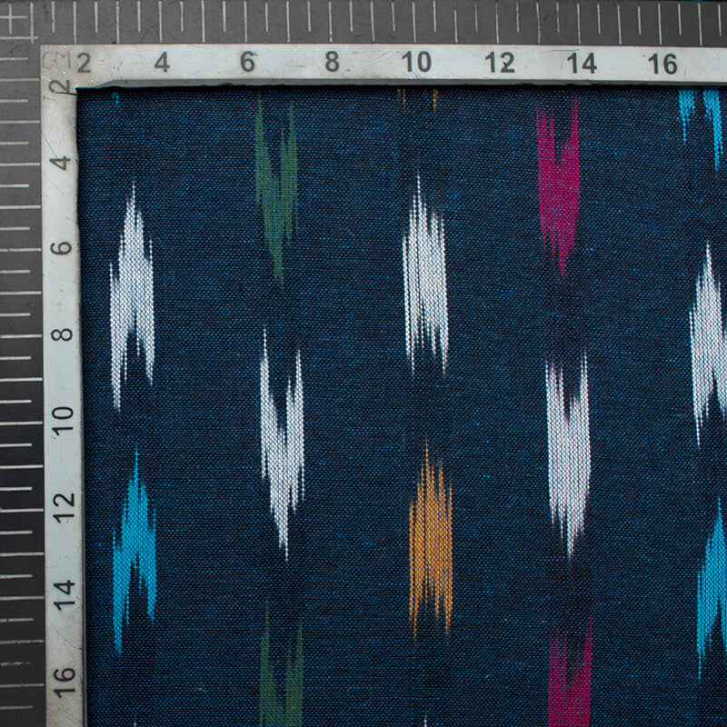 Aegean Blue And Olive Green Abstract Pattern Pre-Washed Ikat Cotton Fabric - Fabcurate