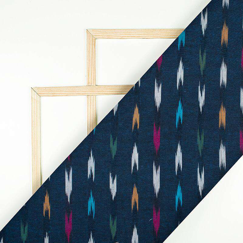 Aegean Blue And Olive Green Abstract Pattern Pre-Washed Ikat Cotton Fabric - Fabcurate