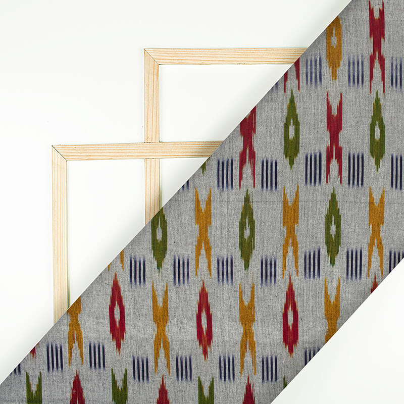 Grey And Indian Red Abstract Pattern Pre-Washed Ikat Cotton Fabric - Fabcurate