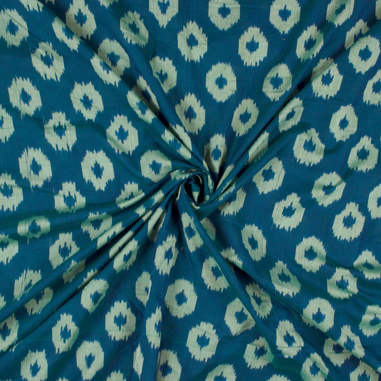 Prussian Blue And Off White Geometric Pattern Pre-Washed Mercerised Ikat Cotton Fabric - Fabcurate