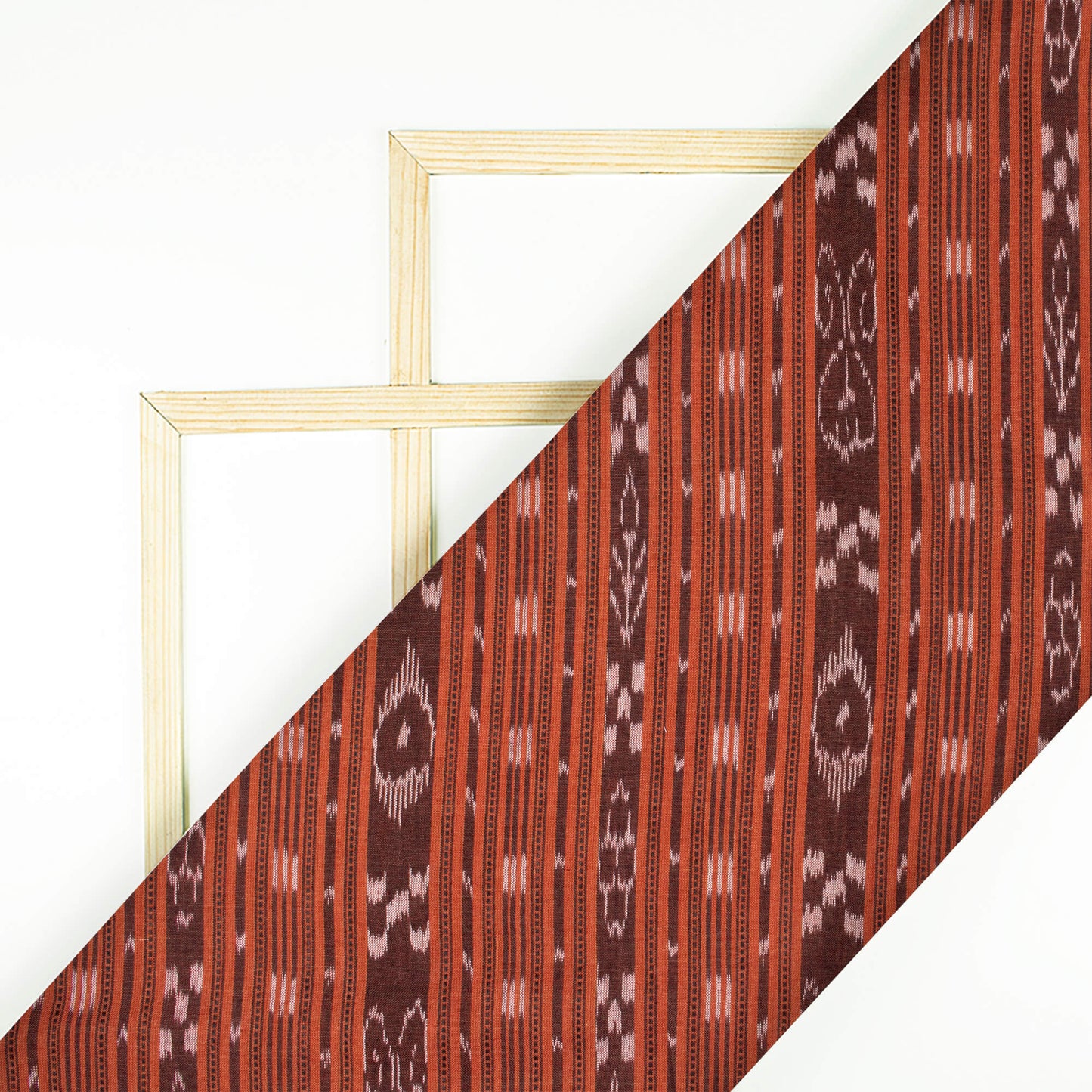 Burnt Orange Stripes Pattern Loom Textured Pre-Washed Mercerised Sambhalpuri Ikat Cotton Fabric - Fabcurate