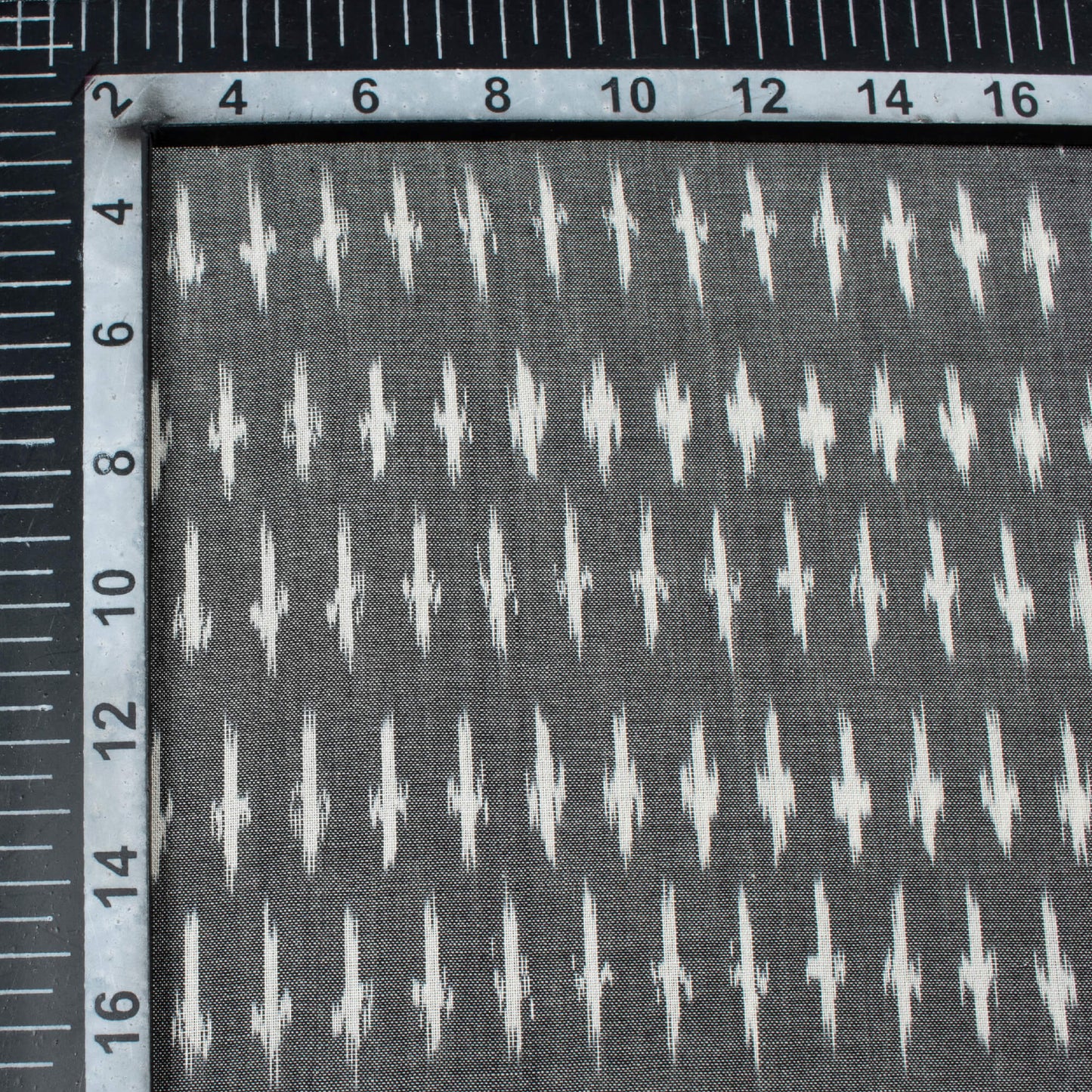 Grey And White Geometric Pattern Pre-Washed Mercerised Ikat Cotton Fabric