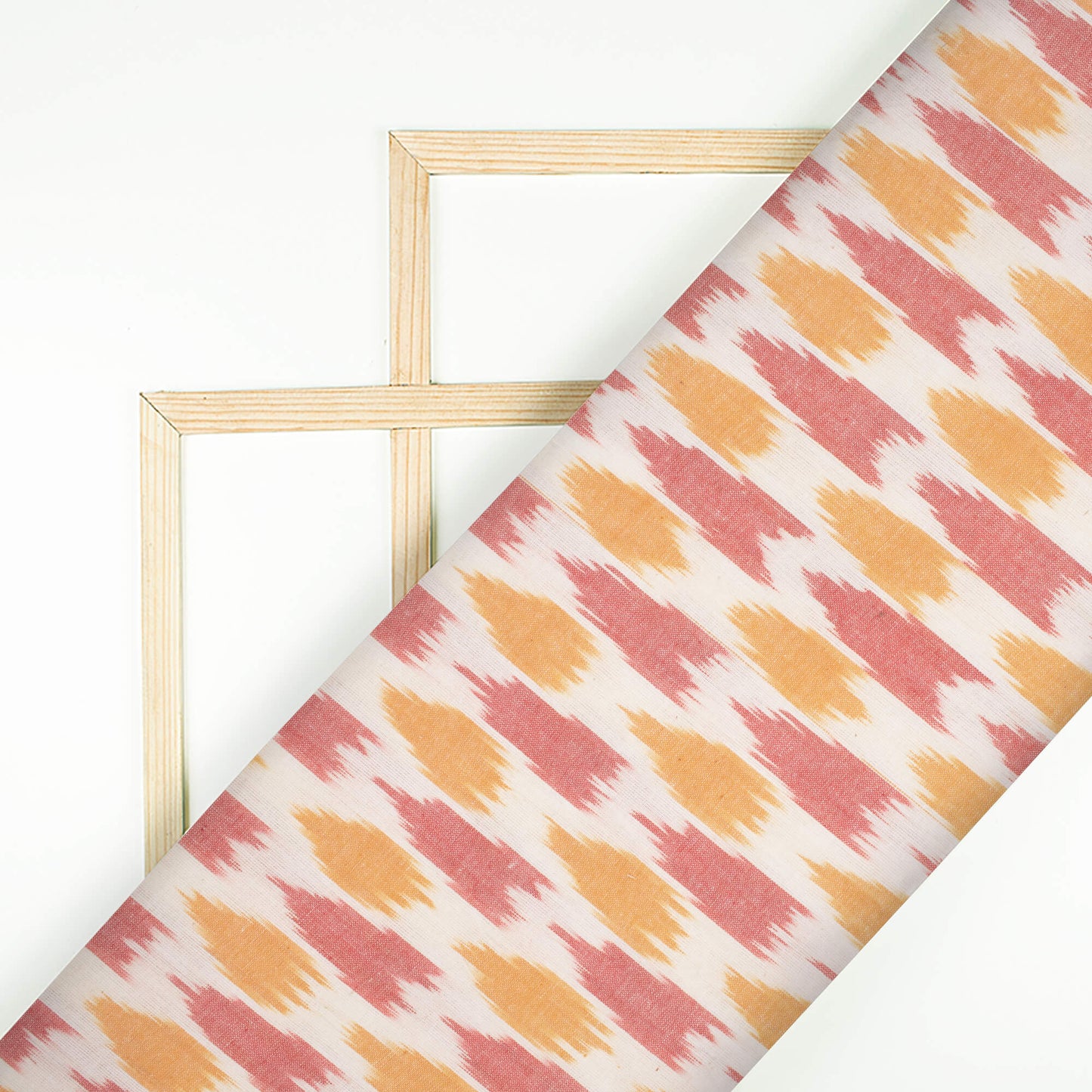 Off White And Red Abstract Pattern Pre-Washed Cotton Ikat Fabric