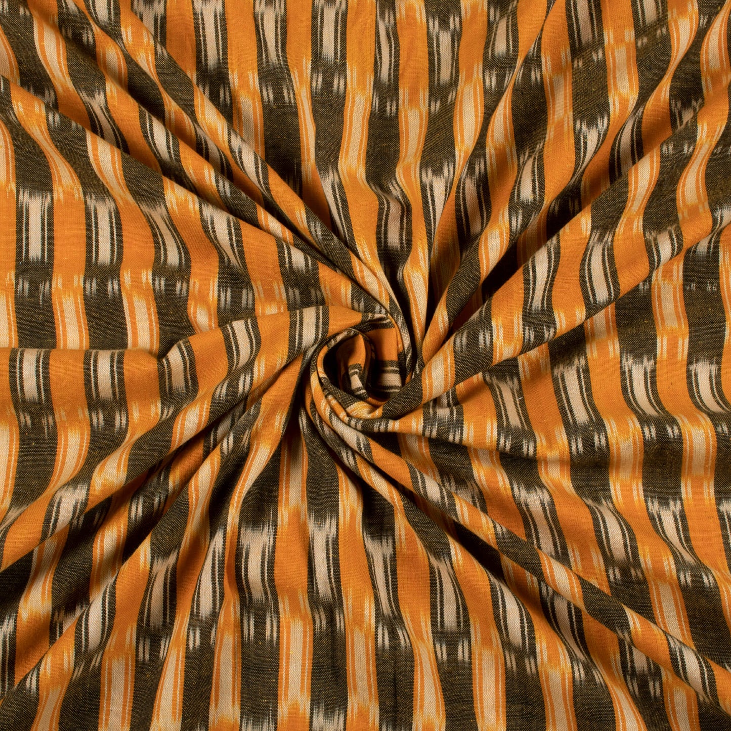 Ochre Orange And Army Green Stripes Pattern Pre-Washed Ikat Cotton Fabric