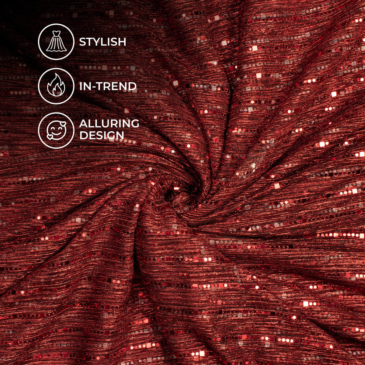 Maroon Foil Stripes Glitter Crush Imported Mesh Fabric (Width 60 Inches)