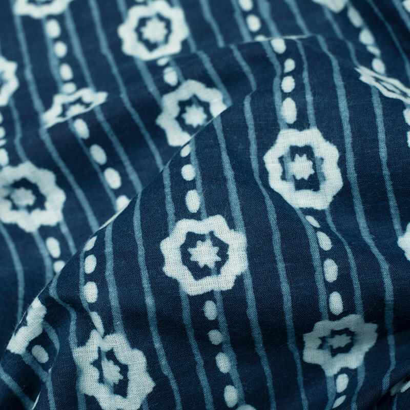 Indigo Stripes Pattern Natural Dye Printed Organic Cotton Fabric - Fabcurate