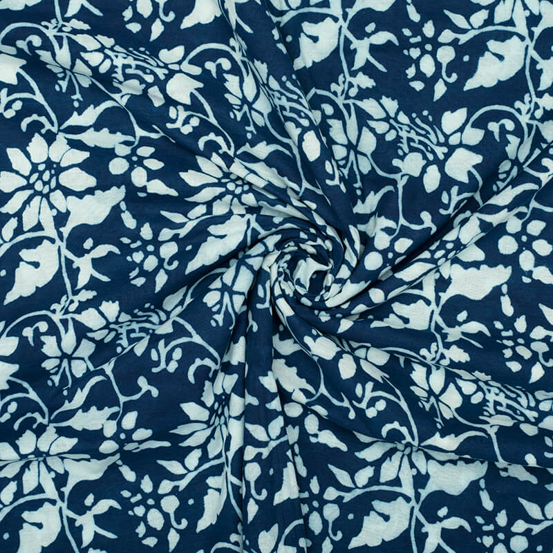Indigo Floral Pattern Natural Dye Printed Organic Cotton Fabric - Fabcurate