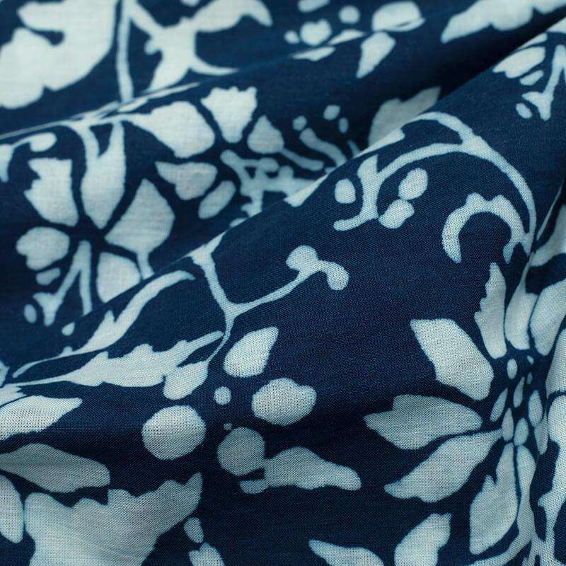 Indigo Floral Pattern Natural Dye Printed Organic Cotton Fabric - Fabcurate